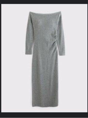 Off-Shoulder Gray Knit Midi Dress with Side Ruching